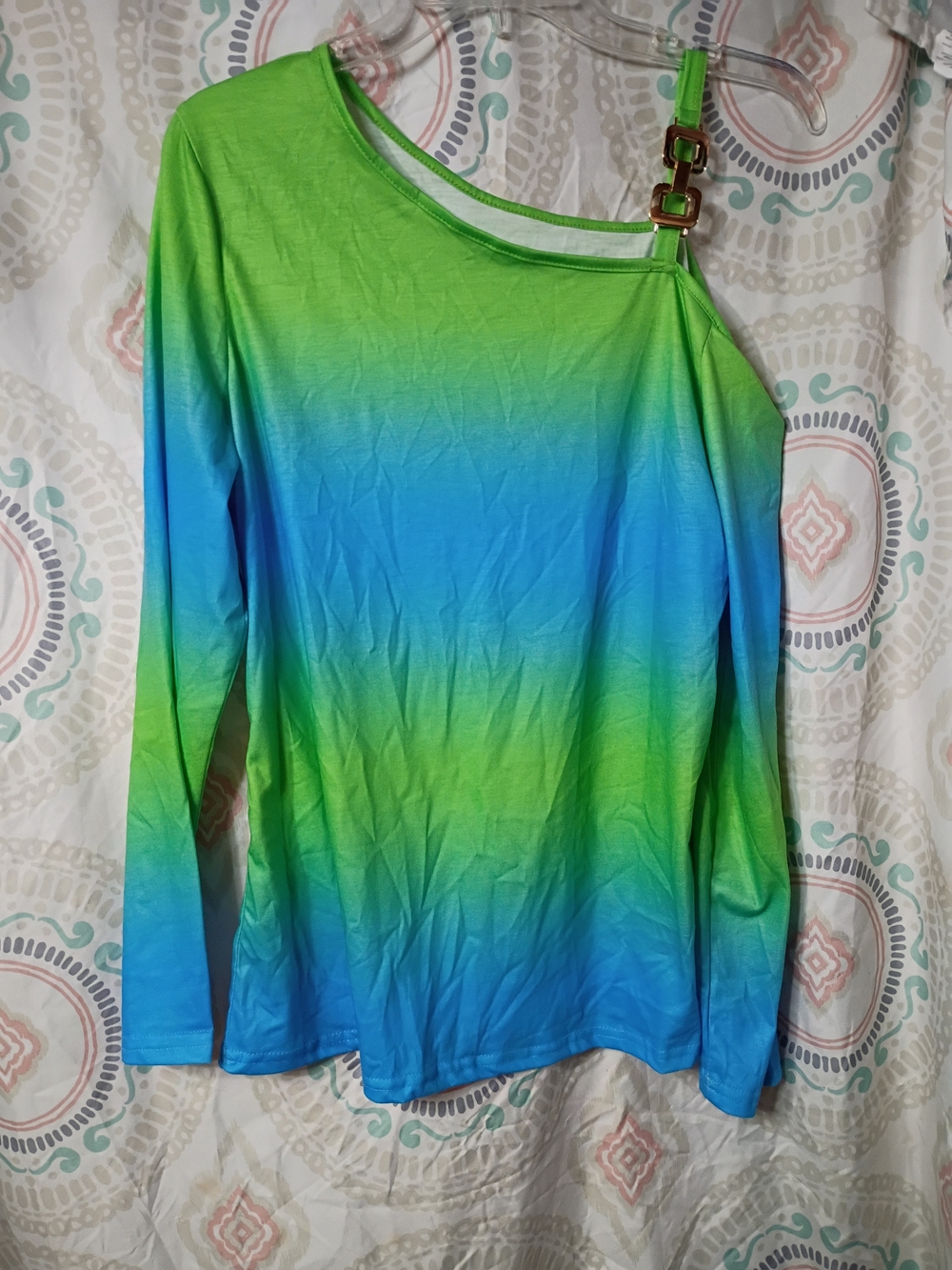 Asymmetrical One-Shoulder Gradient Long Sleeve Tee — Blue & Green